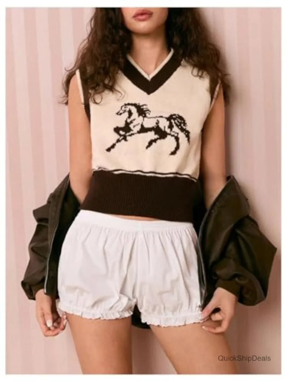 Women's Knit Sweater Vest Horse Graphic V-Neck Sleeveless Tank Top